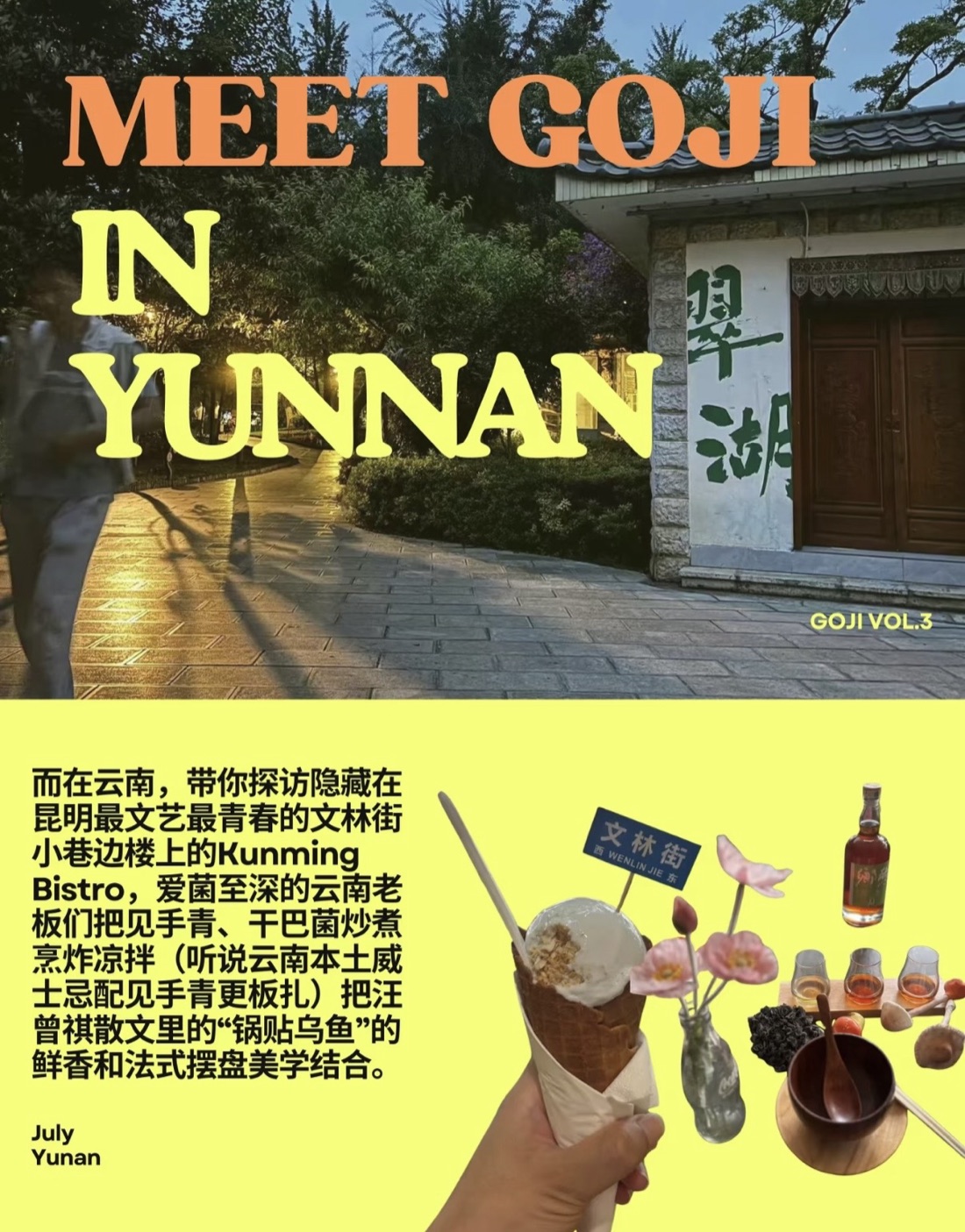 Meet Goji in Yunnan — Vol.3 zine cover with Green Lake at dusk